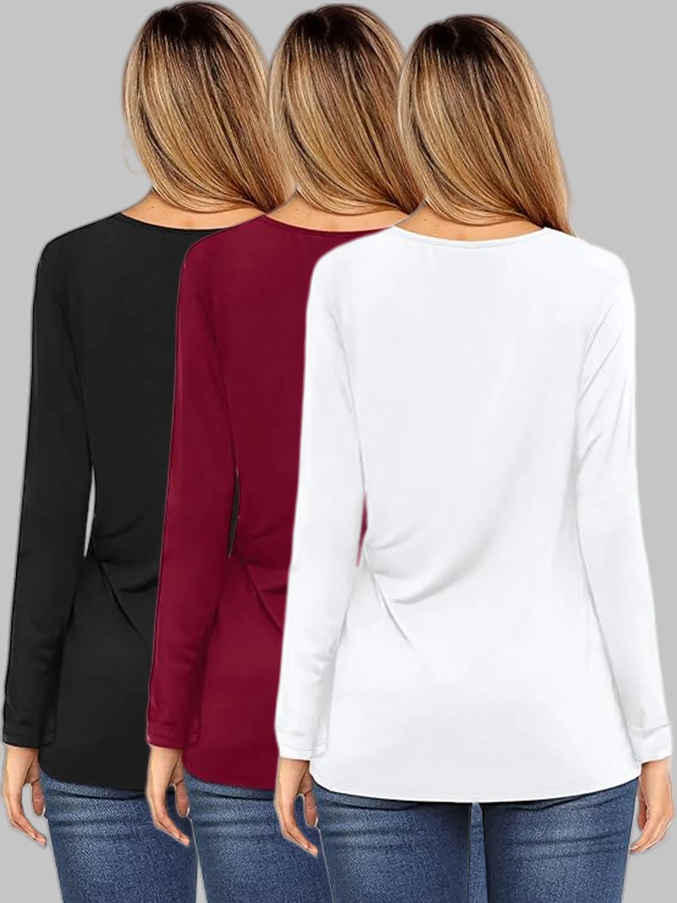 طقم تي شيرت نسائي مريح برقبة دائرية وأكمام طويلة وفضفاضة مكون من ثلاث قطع