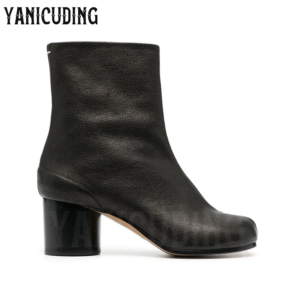 

Genuine Leather Tabi Ankle Boots Cylindrical Heel Boots Round Toe Button Winter Shoes Custom Colors Top Quality Designer Boots