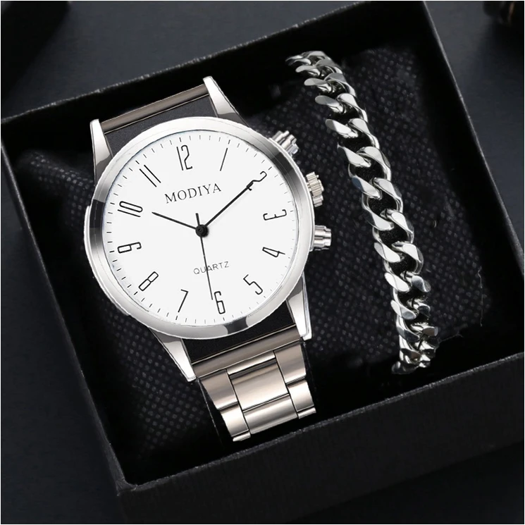 2 шт., мужские часы, набор браслетов, стальной ремешок, деловые простые кварцевые часы с круглым циферблатом, без коробки