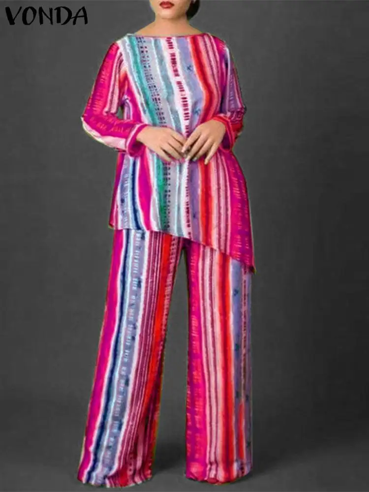 Plus Size 5XL VONDA 2024 Bohemian Vintage Printed Pant Sets Women Long Sleeve Tops and Pants 2pcs Kaftan Casual Loose Suits