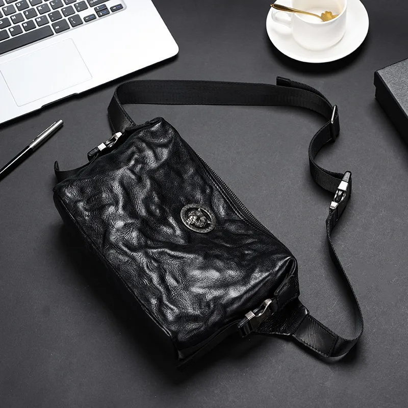 Wmnuo Shoulder Bag Men Leopard Ruched Cow Genuine Leather Crossbody Messenger Bags For Man Large Capacity Ipad Satchels Male