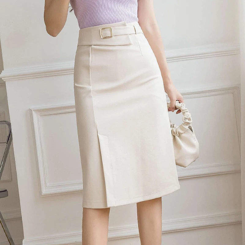 Female Elegant Business Working Skirt High Waist Split Knee Length MIDI Stretchy Bodycon Pencil Office Black Skirts Women 2022