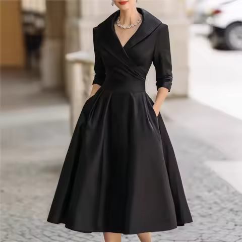 Women Elegant Wedding Guest Dress Turndown Collar Mid-Length Waisted A-Line Evening Dress Cocktail Party Satin Midi Dresses
