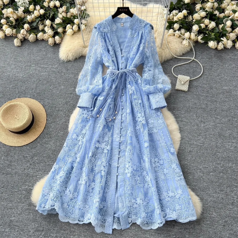 Women Vintage Long Dress Spring Embroidery Lantern Sleeve V Neck Elegant Slim Fit Button Down Casual Party Wedding Gown