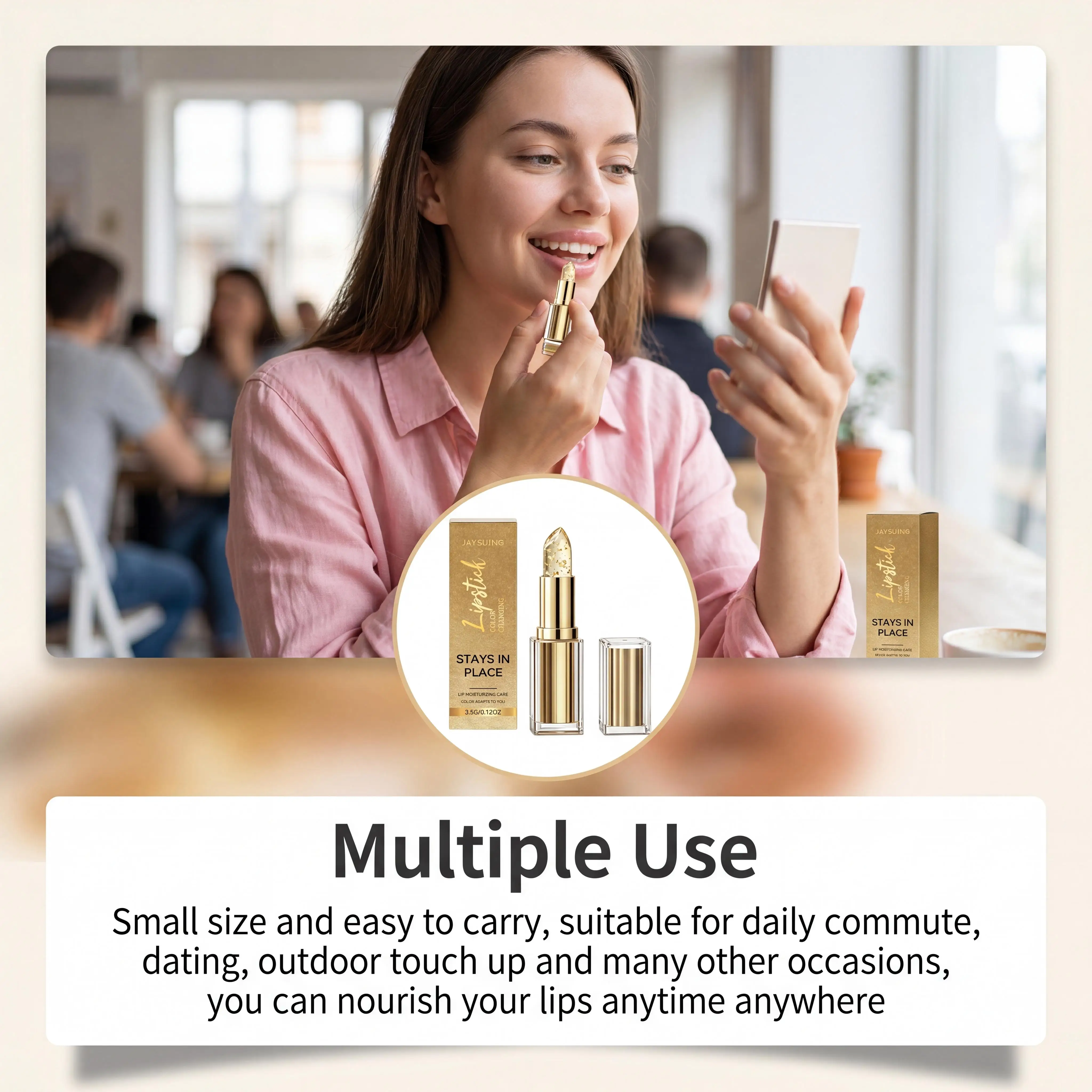 Goldfolie Farbwechselnder Lippenbalsam Anpassung an den Lippenton Transparenter Wasserfester Kristall-Jelly Perlglanz-Lipgloss Feuchtigkeitsspendender Lippenstift – Detail 8