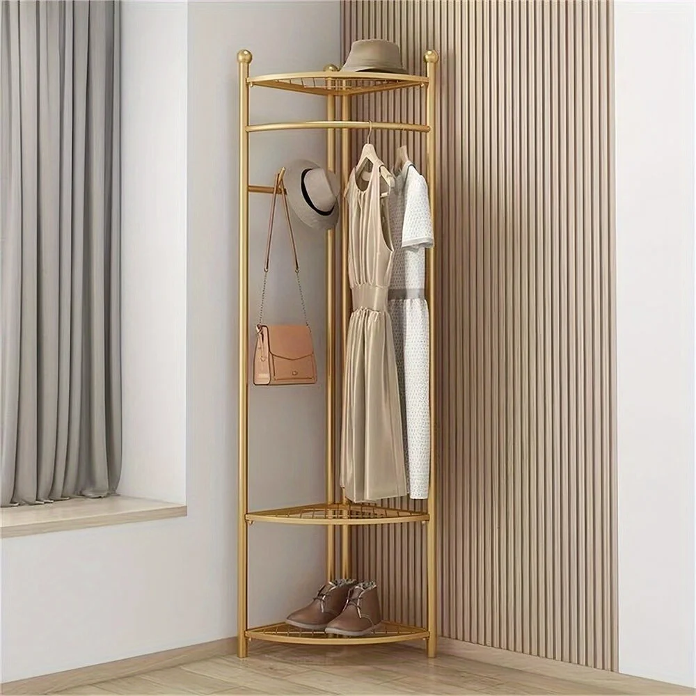 

Freestanding Coat Rack Heavy Duty Corner Clothes Hat Clothes Gold Metal w/Shelve