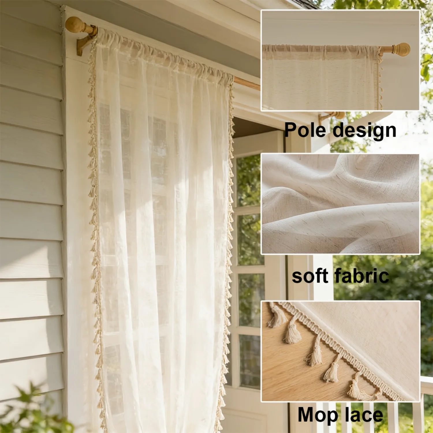1PC Semi-Sheer Privacy Curtain, Linen Texture Fringe Edge American Style Curtain for Bedroom Window Privacy Blocking Living Room