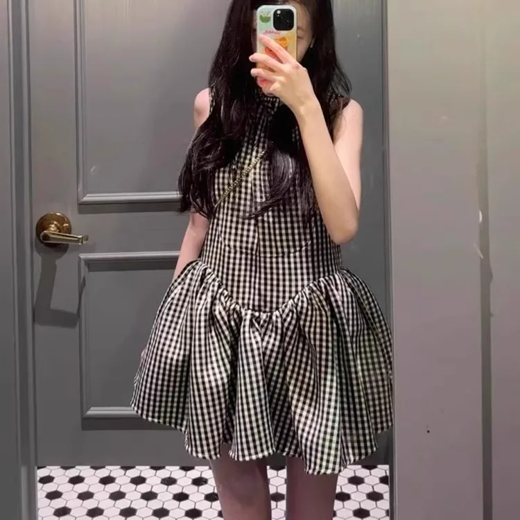 Floral Plaid Puffy Sleeveless Short Doll Dress Younger Looking Dress Safety Pants Included Citywalk Summer Thin round Neck