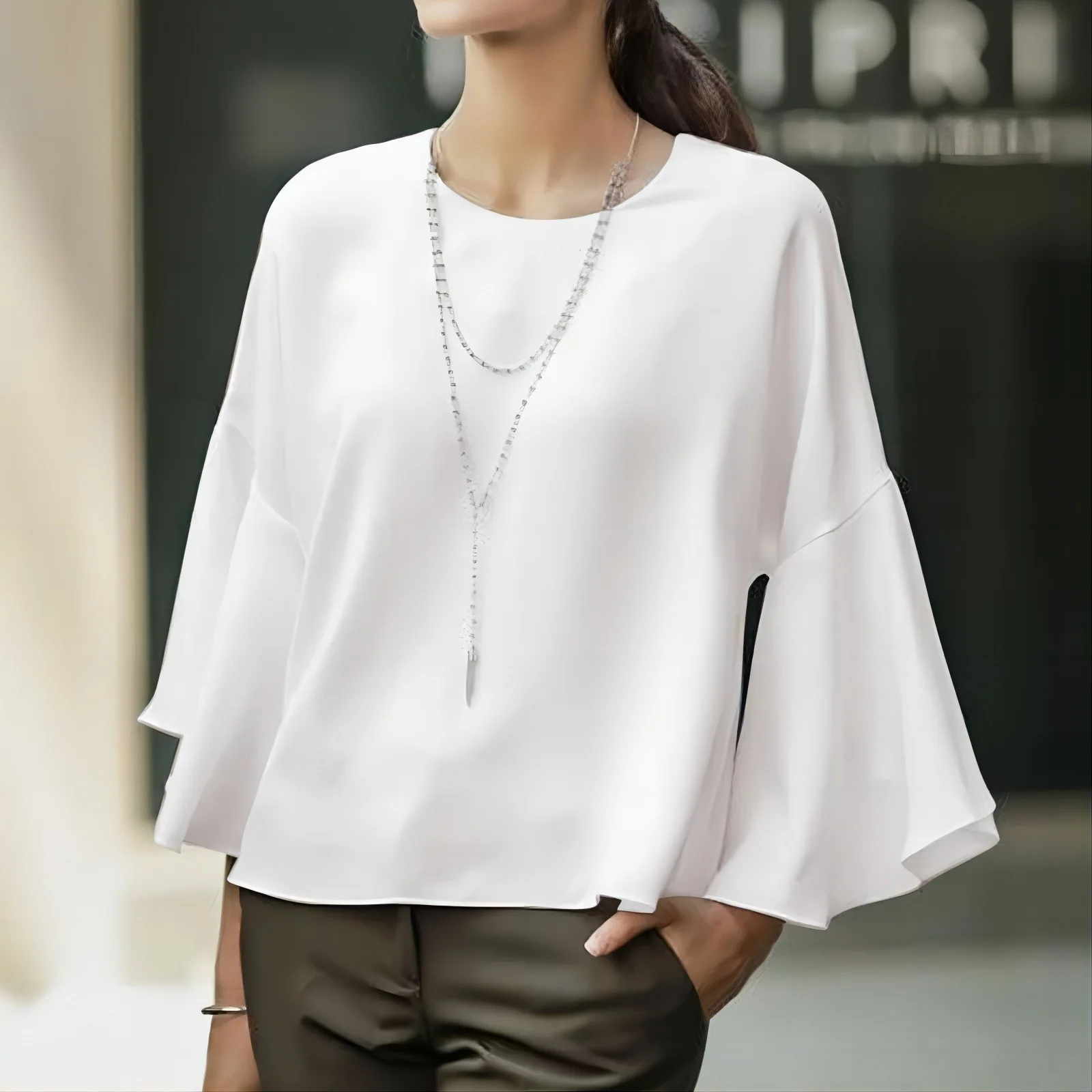 

Свободный длинный све круглый Ne Casual irt Женский шифоновый топ Cello Bell Sve Spring Faion Ele Simple Color