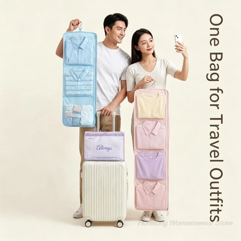 Travel Outfit Organizer Hanging Packing Compartments Mesh Visible Clothes Storage Bag Foldable Luggage Organizer for Vacation