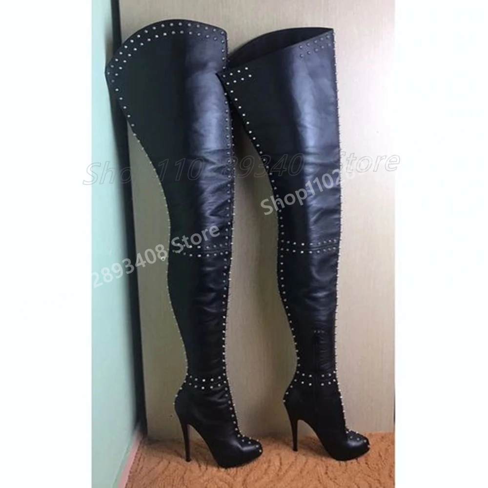 Sexy Metal Round Rivets Over the Knee Boots High Quality Stiletto High Heel Matte Leather 2024 Women Shoes Zapatos Para Mujere