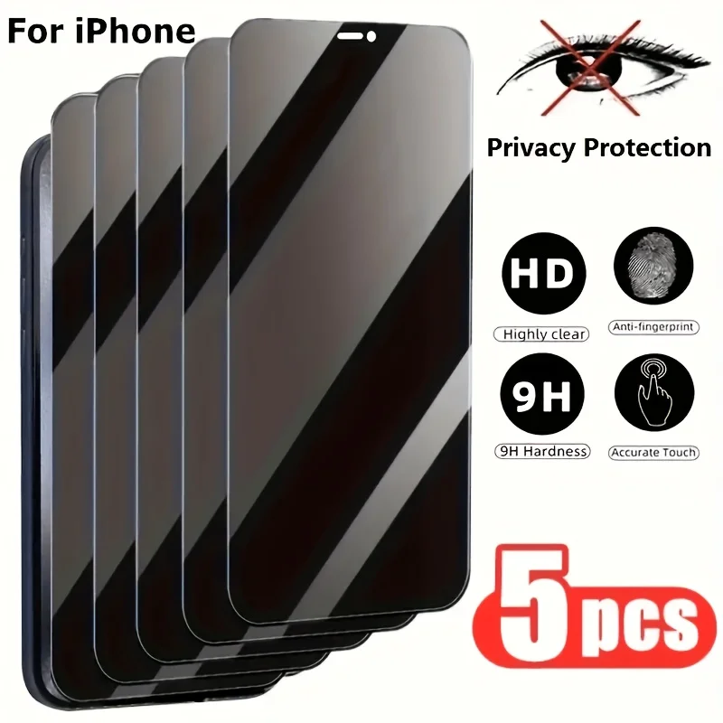 5 Stück Vollständiger Sichtschutz Gehärtetes Glas Displayschutzfolie Verbesserte Privatsphärenfolie für iPhone 11 12 13 14 15 16 17 Pro Max Anti-Fingerabdruck
