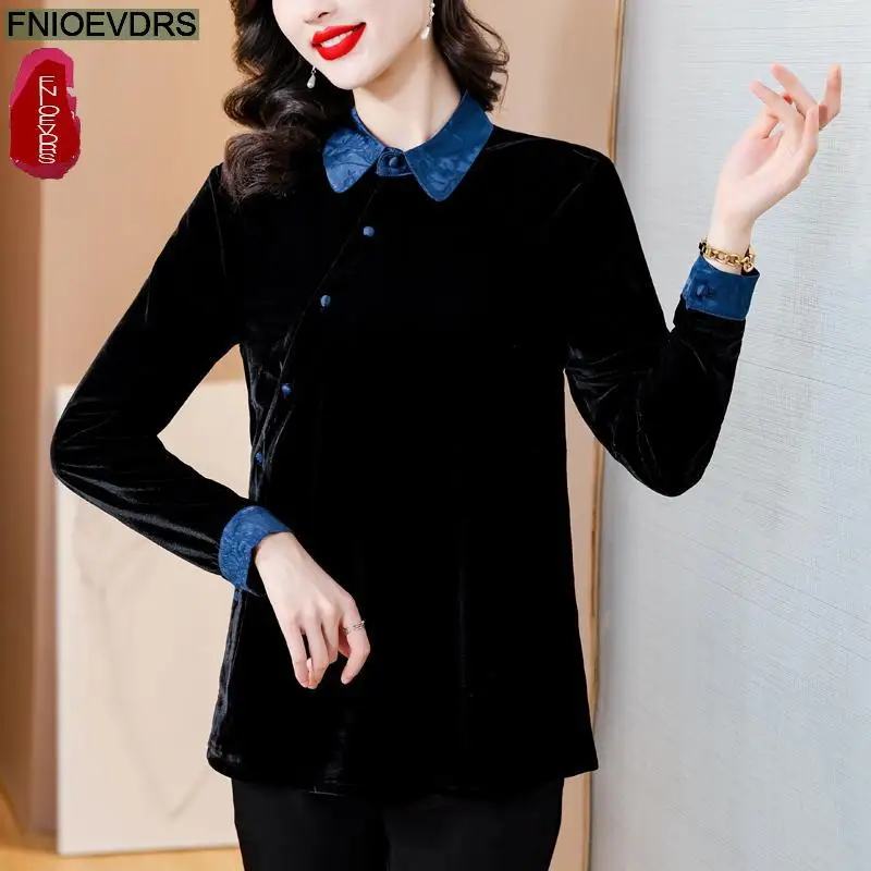 

M-4XL Black Velvet Top Women Autumn Winter French Design Elegant Office Lady Work Button Basic Shirt Vintage Retro Blouses