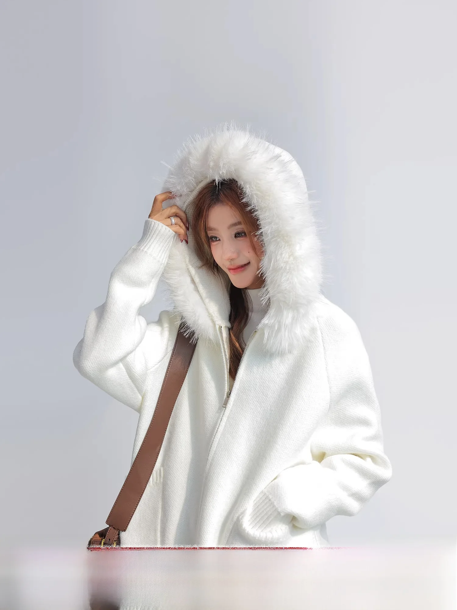 

Свободный женский вязаный кардиган с меховым воротником, свитер, пальто, теплый зимний пушистый корейский Sle Lazy Faion, повседневный длинный свек средней длины