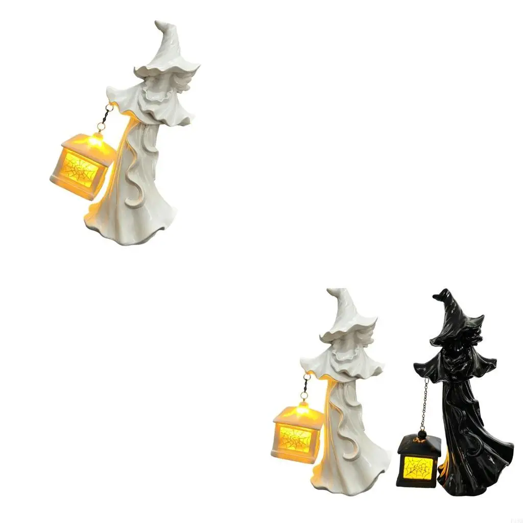 F19B Ghosty Lantern Statues Witches Carrying Lantern Table Lamp Halloween Decors for Garden Yard Home Bedsides Night Lights