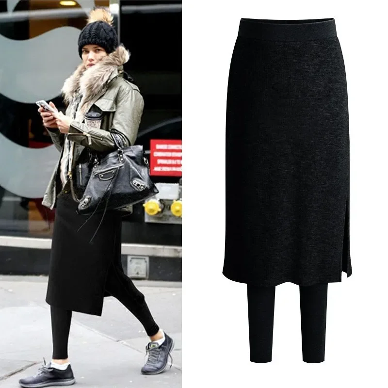 Plus Size Women's Skirt with Attached Leggings One-Piece Fleece Lined Skirt Pants for Women