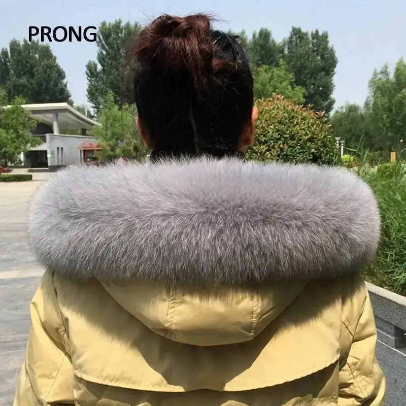 Cuello de piel de zorro para mujer, chaqueta de plumón, capucha decorativa, Cuello de piel 100% Real, sombreros a rayas, bufanda de piel cálida y