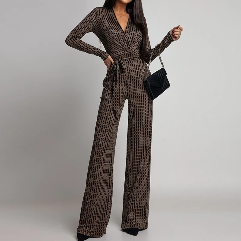 

Vintage Pattern Print High Waist Playsuit Spring Summer Long Sleeved Straight Romper Office Leisure V-neck Tie Up Women Jumpsuit