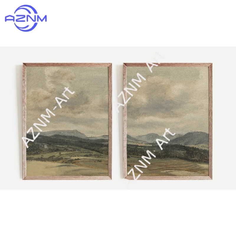 1/2 Stück Aquarell-Landschaftsmalerei / Landschafts-Diptychon Wandkunst / Kunstdrucke Set von 2 / Erdtöne Kunstwerk