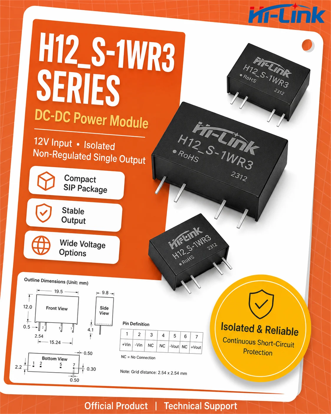 H1205S H1215S 1W Plastic SIP Circuit Transformer 6000VDC Insulation Layer 3 5M Hour MTBF Low 30mV Ripple PCB Component