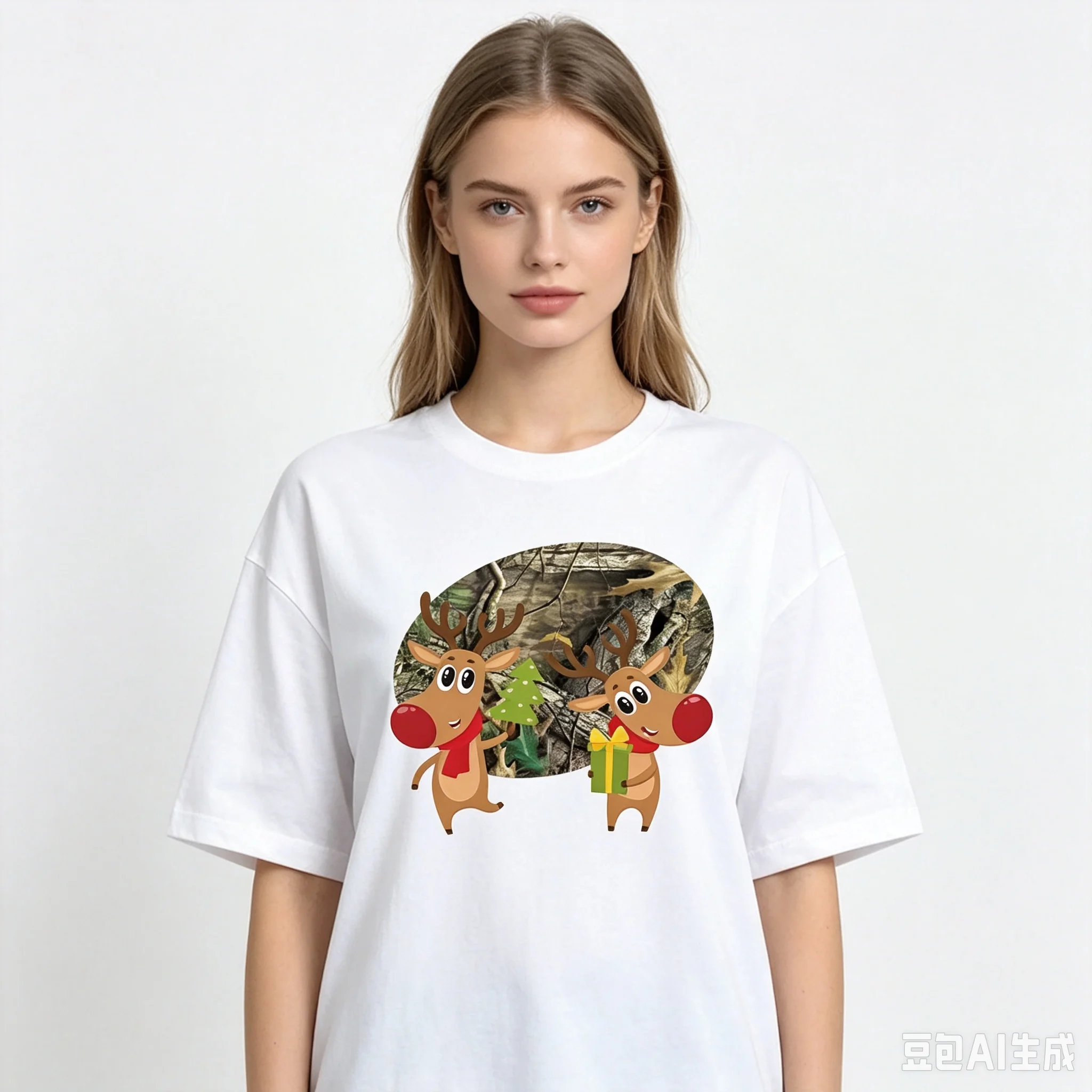 Women Christmas Cartoon Reindeer Graphic T Shirt Camo Background Print Casual Short Sleeve Xmas Holiday Tee Tops