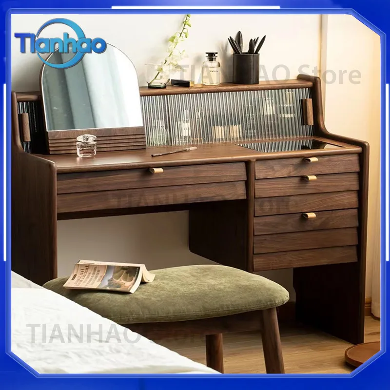 Makeup Vanity for North America Black Walnut Dresser Luxury Solid Wood Makeup Table for Women Mobile Glass Vanity