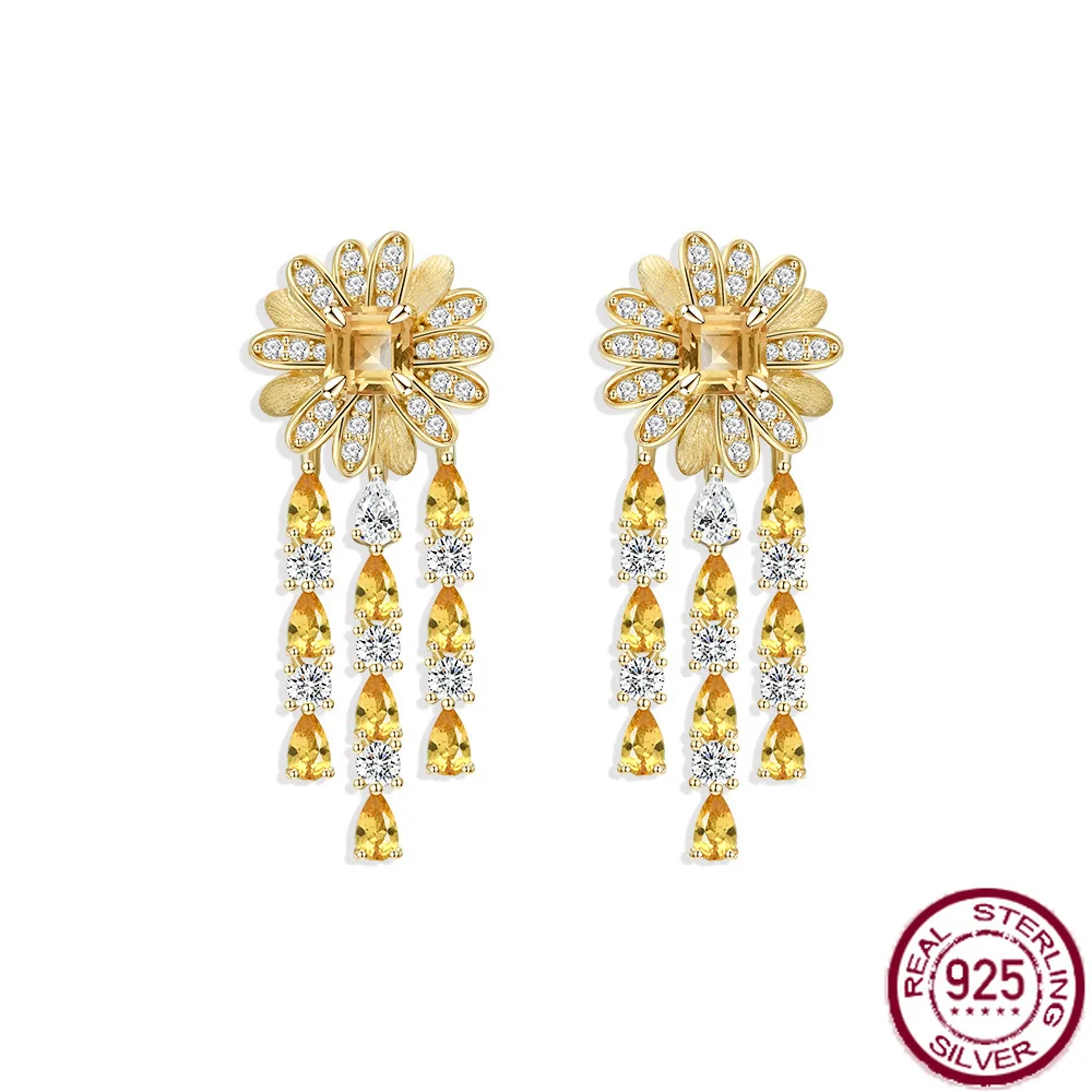 

New S925 sterling silver daisy design with 1ct square 5 * 5 yellow pink and blue gemstone versatile earrings and jewelry