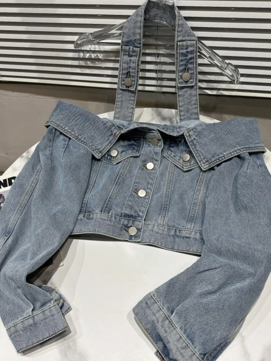 2023 Spring Summer New Style Street Hot Girl Off-Shoulder Halter Design Washed Short Denim Coat Female Jacket Casacos Femininos