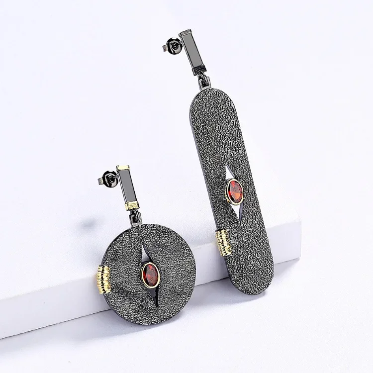 Women's 925 Silver Retro Geometric Ring Necklace Asymmetric Earrings Set