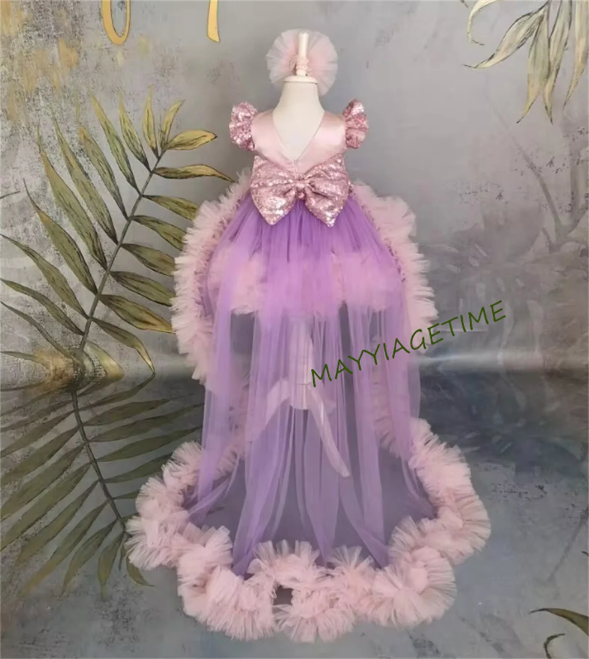 Gorgoues Baby Girl Dress Tutu Outfit Purple Tulle Pink Edge Baby Dress Toddler Girl First Birthday Dress Party Gown 12M