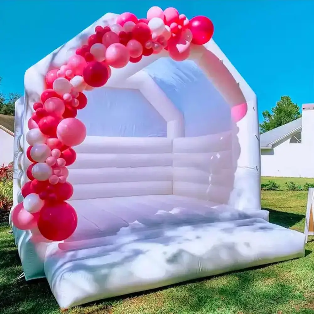 Happy Time สีขาว Inflatable Bouncer Moon Bounce House Bouncing Jumper ปราสาท Bouncy สำหรับเด็กผู้ใหญ่งานแต่งงานอุปกรณ์จัดงานปาร์ตี้