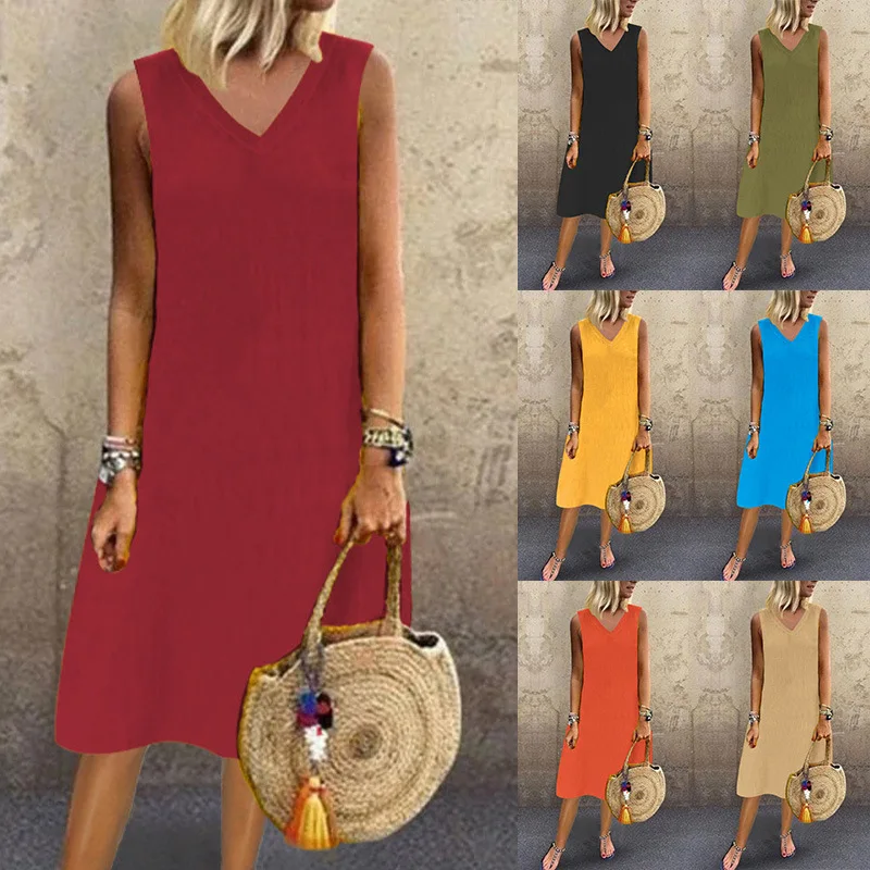 

Women Summer V-neck Vest Dress Casual Sleeveless Basic Cotton Vacation Beach Khaki Midi Dresses Black Yellow Robes