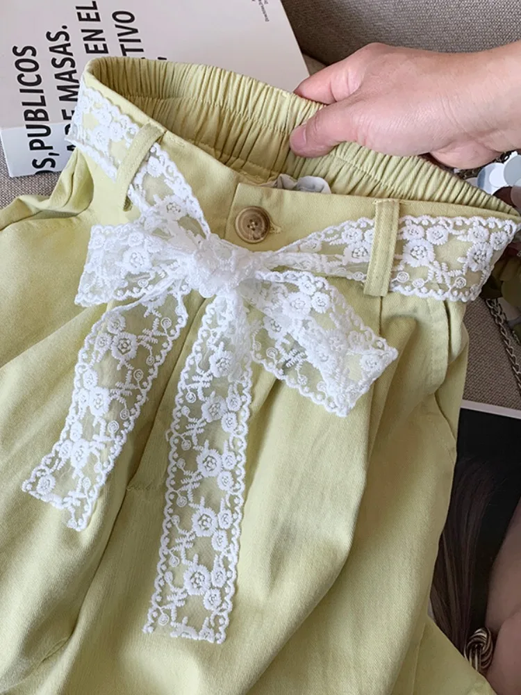 

Lace Waistband Niche Design Casual Pant for Women Spring Summer Elastic Waist Loose Straight Wide Leg Pants Female Clothing