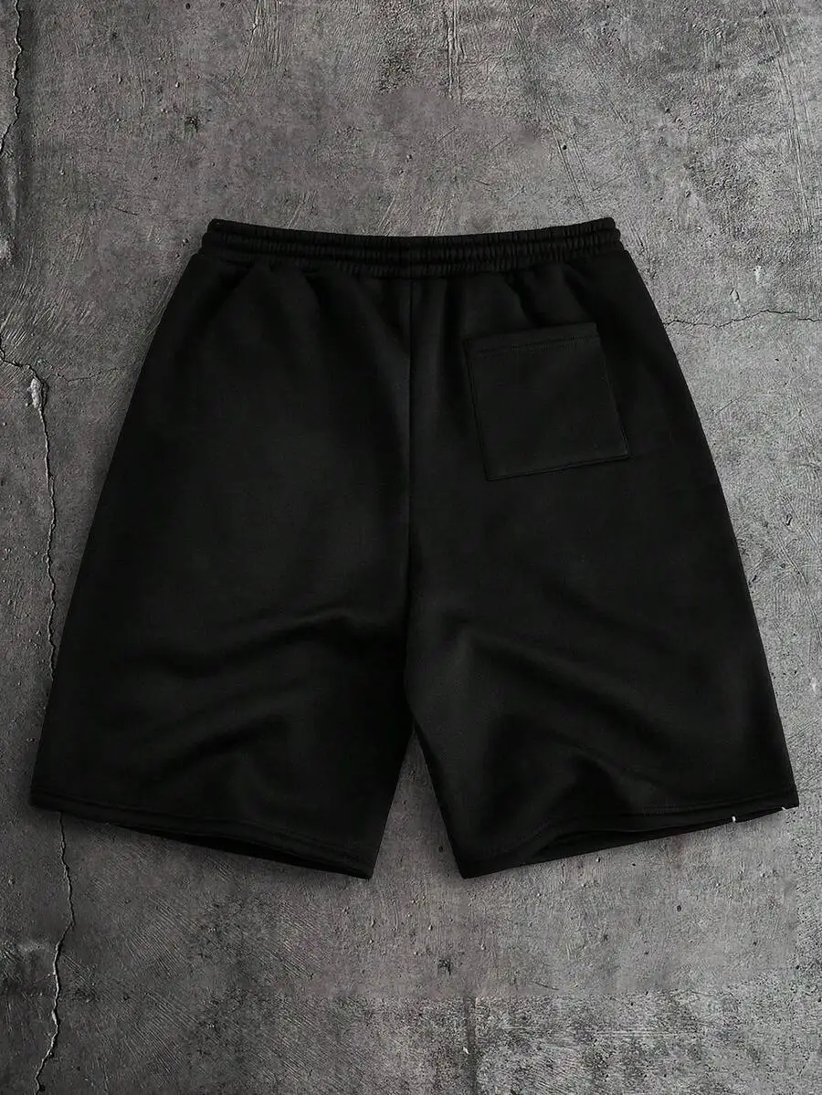 

Black Plain Loose-Fit Elastic Waist Jogger Shorts For Men, Casual Daily Wear Street Style Comfortable Short Pants