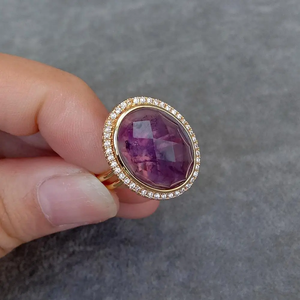 Y.YING Oval Purple Amethyst Rhinestone Pave Finger Rings Adjustable Ring Anniversary Jewelry