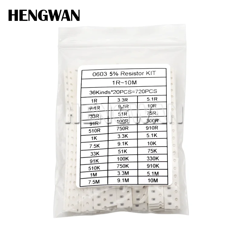 

720pcs 5% 0603 0805 1206 SMD Chip Resistor Assorted Kit 1 ohm - 10M 36valuesX20pcs Resistance Sample set