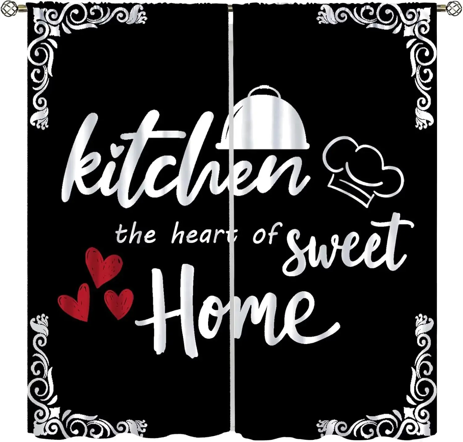 Farmhouse Kitchen Curtain Panels, Vintage Black White Script Quote Chef Hat Heart Art Print Drapes for Cafe Kitchen Dining Decor