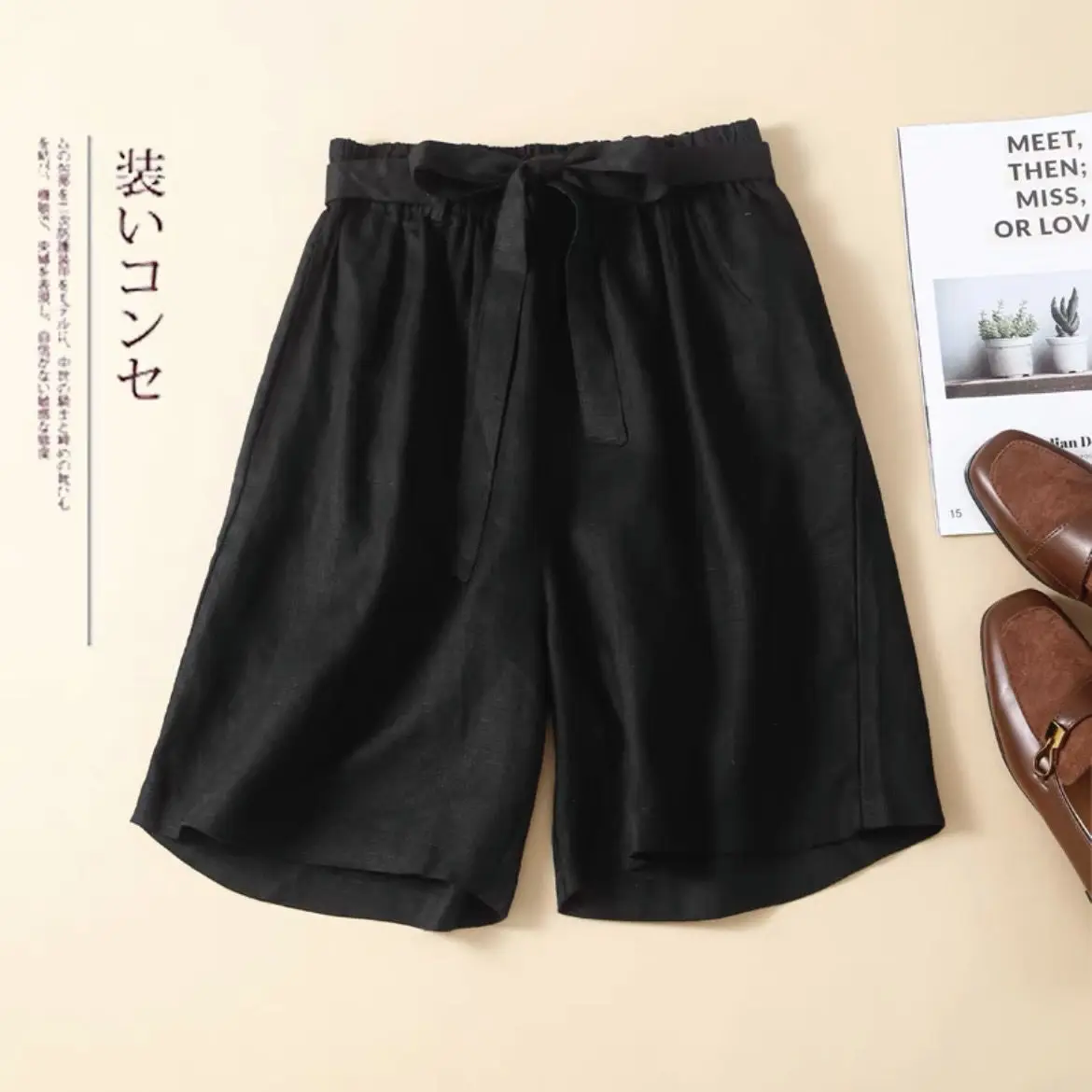 女性蝶ネクタイウエストバンドコットンリネンルーズワイドレッグリネンカジュアル5分パンツ