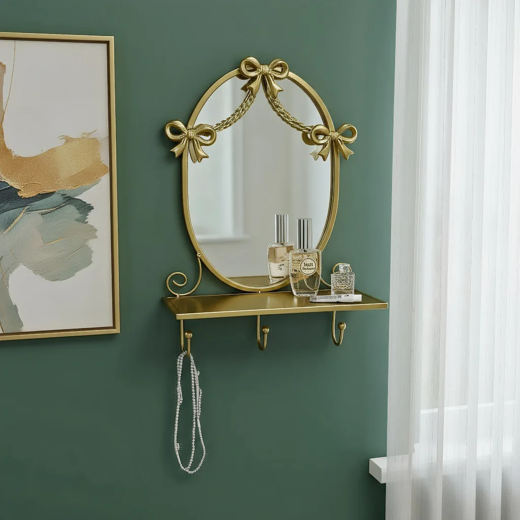 HYS wrought iron wall decoration bow mirror hook rack bathroom mirror wall pendant retro light luxury