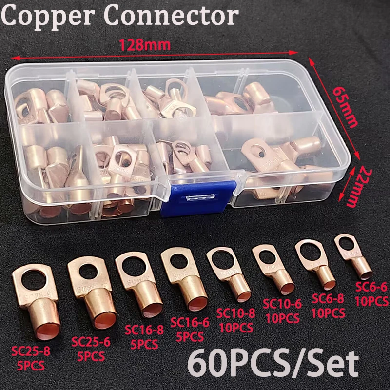 60PCS/Set Wire Lug Connector Ring SC6-25 Copper Connectors Bare Cable Electric Crimp Terminal Connector Kit