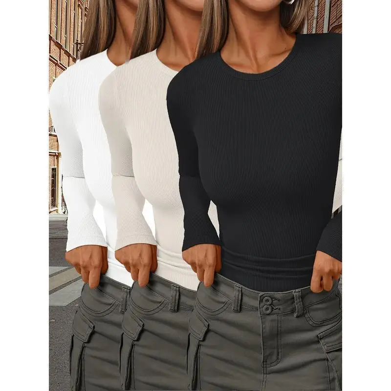 Women's 3pcs Long Sleeve Crew Neck Stretch Fit T-shirt Set Comfortable Breathable Princess Sleeve Top in Various Colors