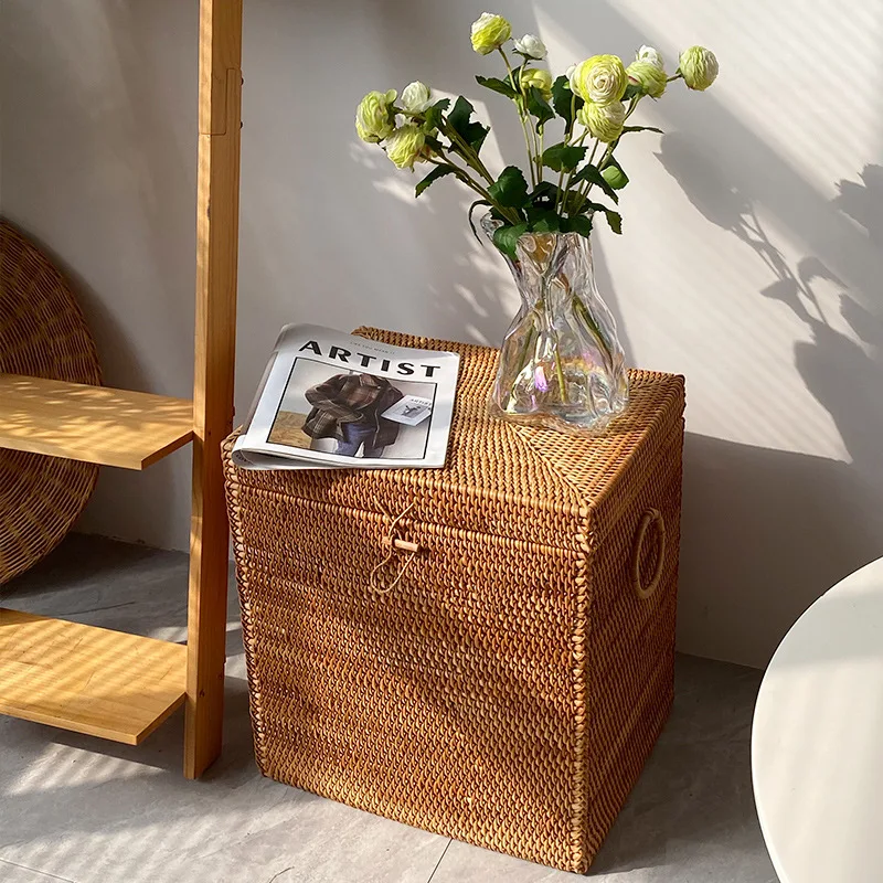 

Nordic Rattan Storage Basket Vietnamese Woven Laundry Hamper with Lid Chic Decor Living Room Large Household Storage Solution