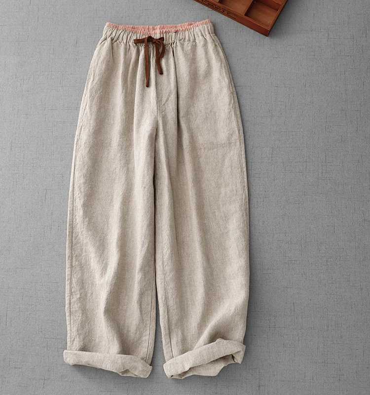 Cotton and Linen Color Blocking High-Waisted Wide-Legged Pants Female Summer New Korean Version of the Loose Temperament Casual