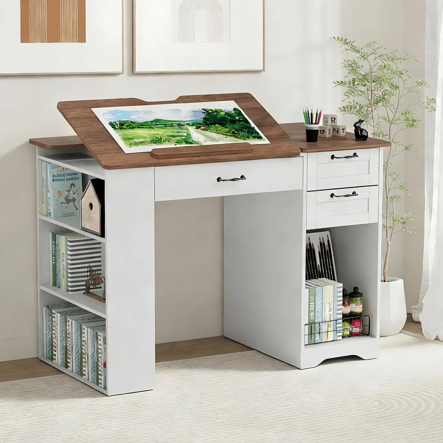 Drafting Table with Storage Cabinet & Drawers, Adjustable Drawing Desk with Open Shelves, Craft Table Painting Desk for Artists, Painters, Drawing, Crafting, Reading, Writing, Working