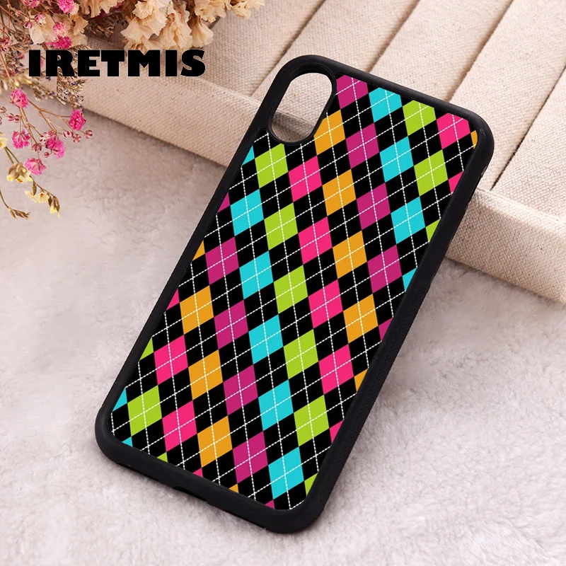 Iretmis Phone Cover Cases For iPhone X XS Max XR 11 12 13 PRO MINI 14 15 16 Plus Rubber Silicone TPU Neon Argyle