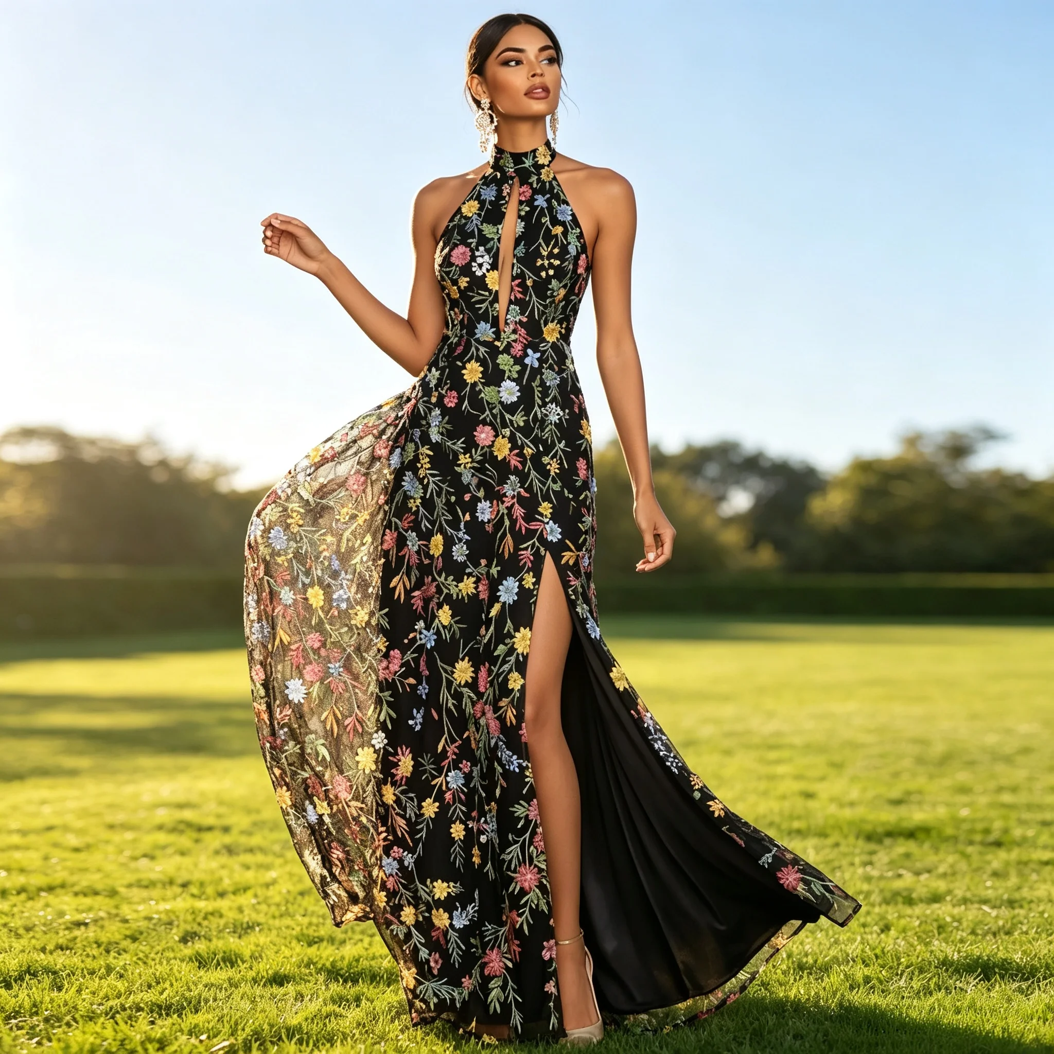 vestido-de-noche-personalizado-con-cuello-halter-alto-abertura-tipo-llave-bordado-floral-multicolor-en-toda-la-prenda-corte-en-a-largo-hasta-el-suelo-sin-cola