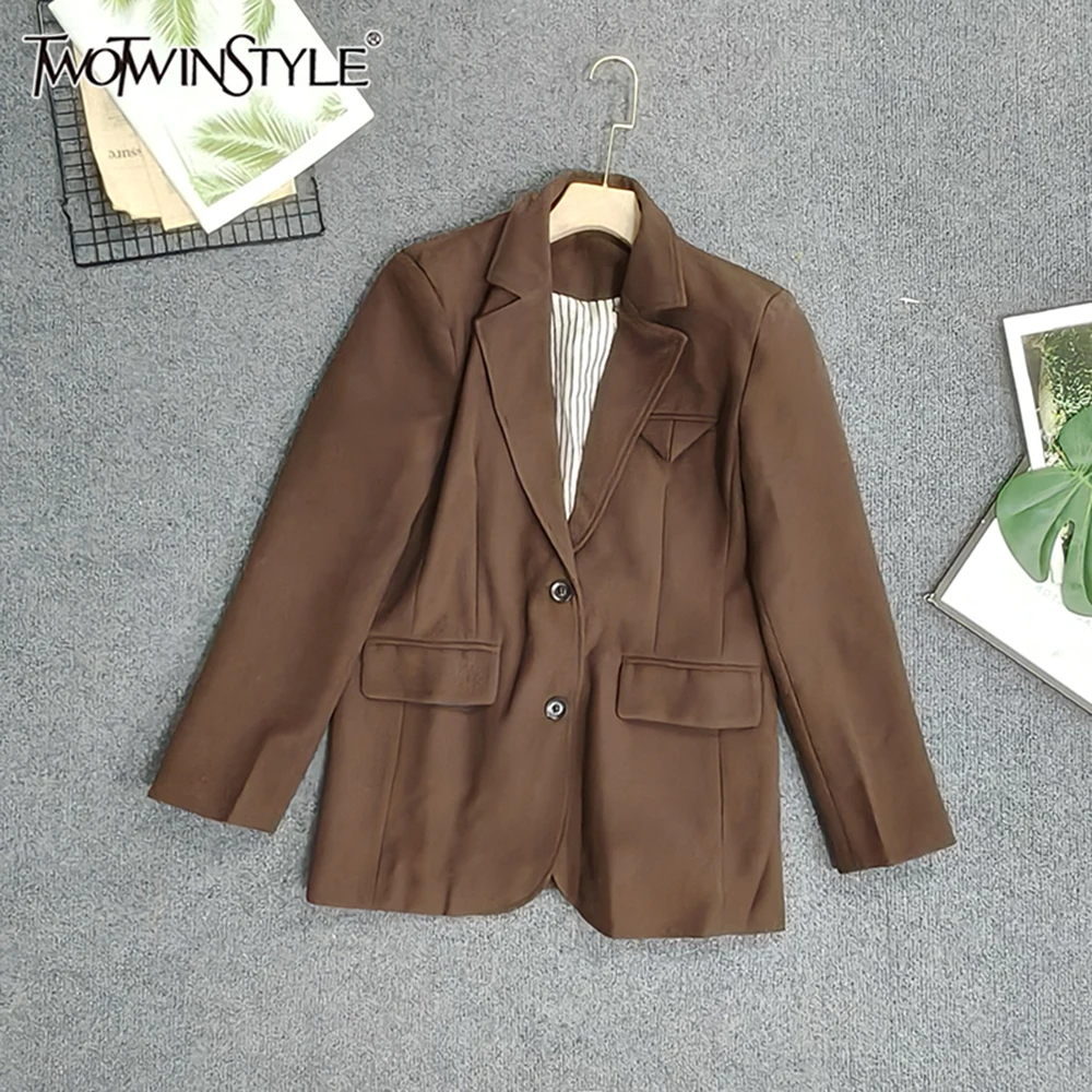 TWOTWINSTYLE Korean Style Solid Loose Blazers For Women V Neck Long Sleeve Spliced Button Autumn Casual Jacket Female SJA067504