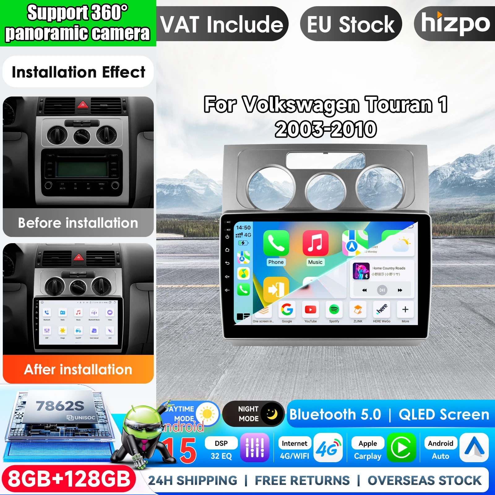 Android 16 Carplay Autoradio für Volkswagen VW Touran 1 2003 2004 2005 2006 2007 2008 2009 2010 Multimedia-Player GPS Stereo DSP Intelligente Systeme IPS Touchscreen Stereo-Videoplayer 2Din Head Unit
