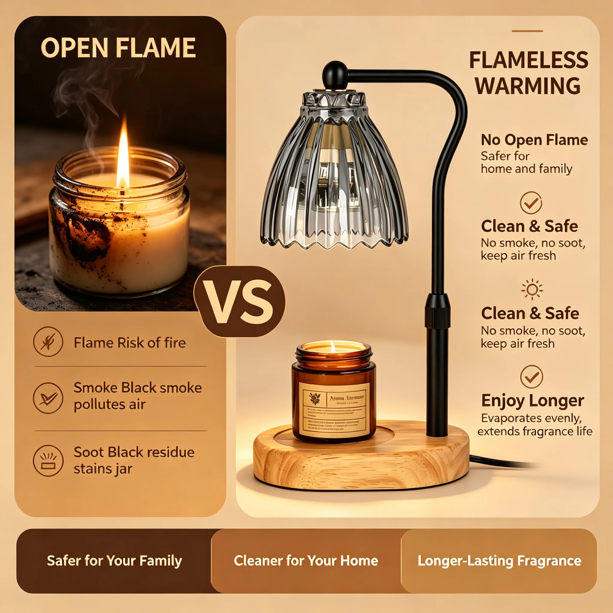 Black Stem Candle Warmer Lamp, Flameless Wax Melt with Timer, Stepless Dimming & Height Adjustable for Bedroom Holiday Gift