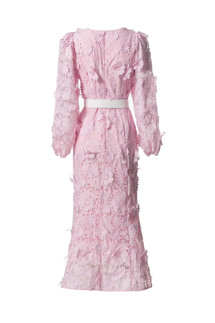 女性用ベルト付き長袖ドレス,ラウンドネック,花柄の刺embroidery,ヨーロッパとアメリカ,新しいファッション,秋,2024